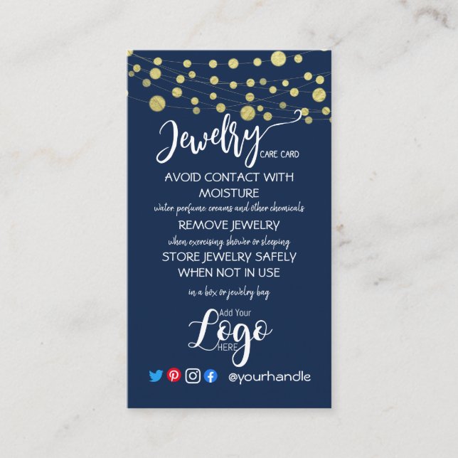 ADD YOUR LOGO jewellery CARE CARDS small US blue (Front)