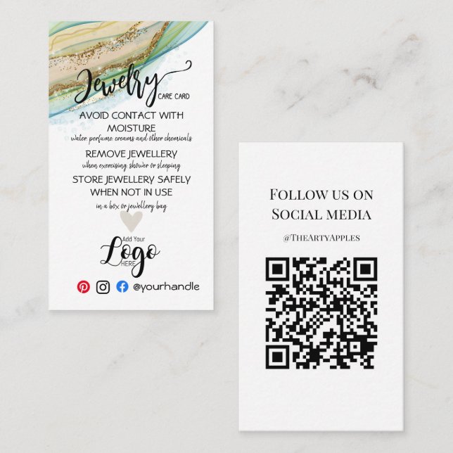 ADD YOUR LOGO jewellery CARE CARDS UK (Front/Back)