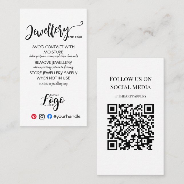 ADD YOUR LOGO jewellery CARE CARDS UK (Front/Back)