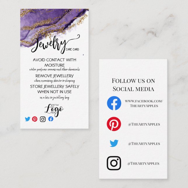 ADD YOUR LOGO jewellery CARE CARDS UK (Front/Back)