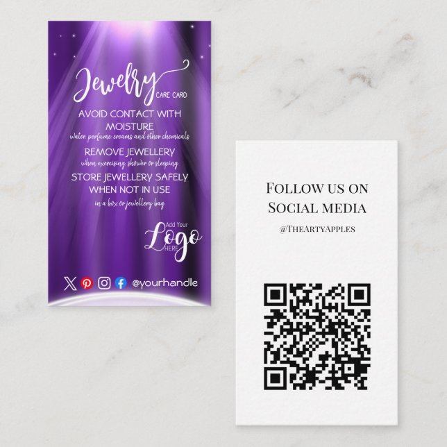 ADD YOUR LOGO jewellery CARE CARDS UK (Front/Back)