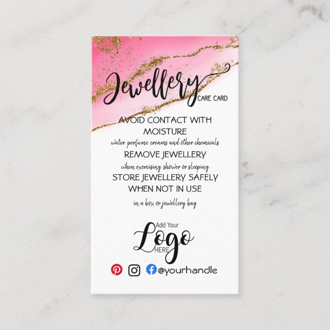 ADD YOUR LOGO jewelry CARE CARDS small business UK (Front)