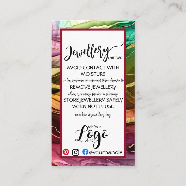 ADD YOUR LOGO jewelry CARE CARDS small business UK (Front)