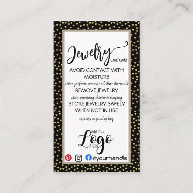 ADD YOUR LOGO jewelry CARE CARDS small business US (Front)