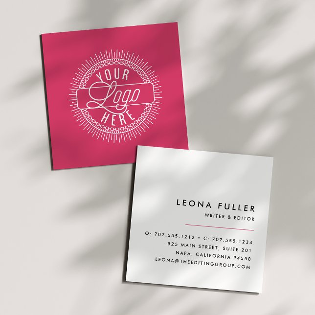 Add Your Logo | Modern Black, White & Fuchsia Square Business Card (Creator Uploaded)