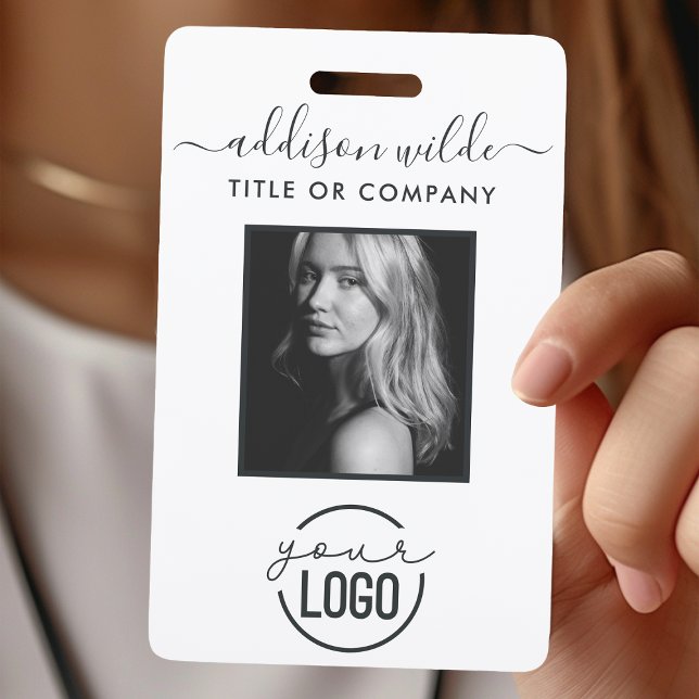 Add Your Logo Modern Minimalist Photo White ID Badge (Creator Uploaded)