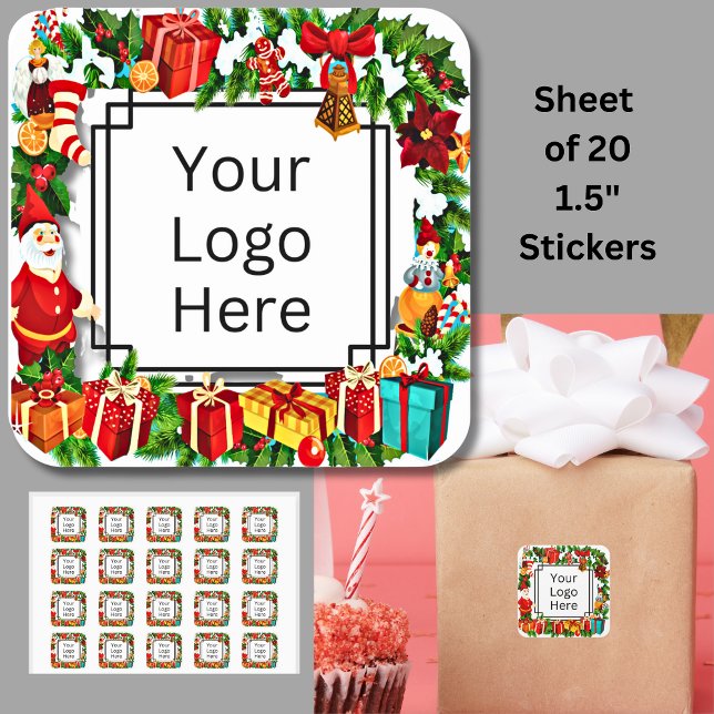 Add Your Logo on Christmas Wreath Santa & Gifts Square Sticker (Creator Uploaded)