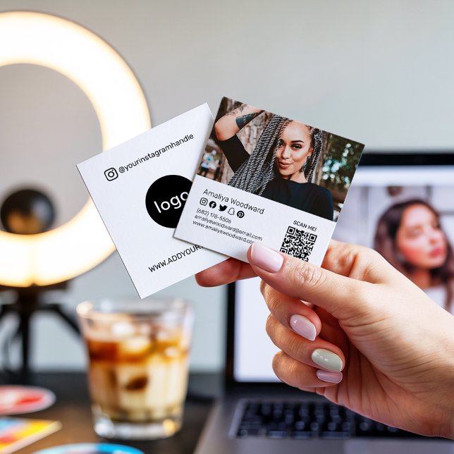 Add your logo photo QR code modern social media Square Business Card (Add your logo photo QR code modern social media)