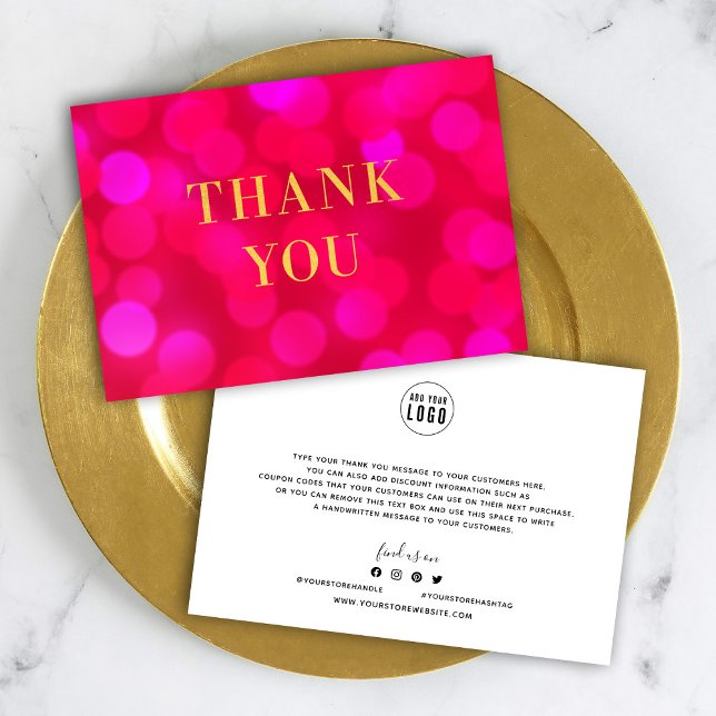 Add Your Logo Pink Bokeh Lights Faux Gold Thank You Card (Creator Uploaded)
