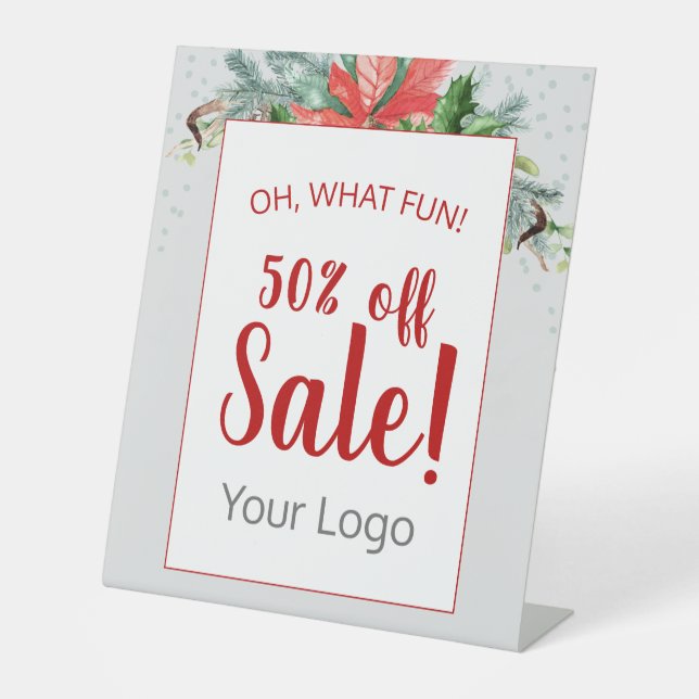 Add Your Logo Red Floral Holiday Business Sale Pedestal Sign (Front)