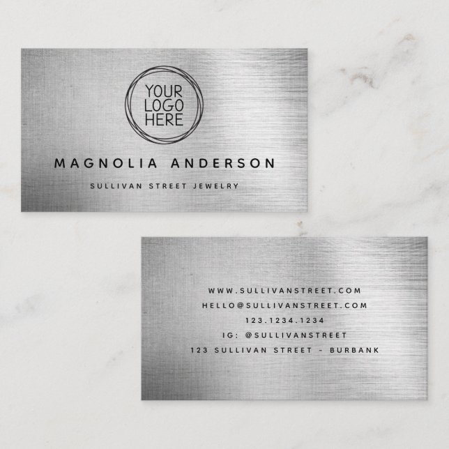 Add Your Logo Simple Silver Brushed Metal  Business Card (Front/Back)