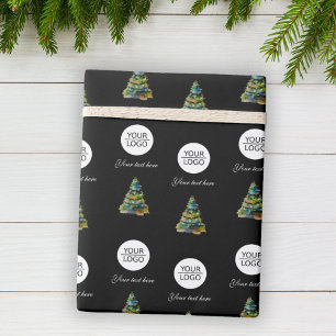 Add your Logo Text Promotion Christmas Tree Black Wrapping Paper
