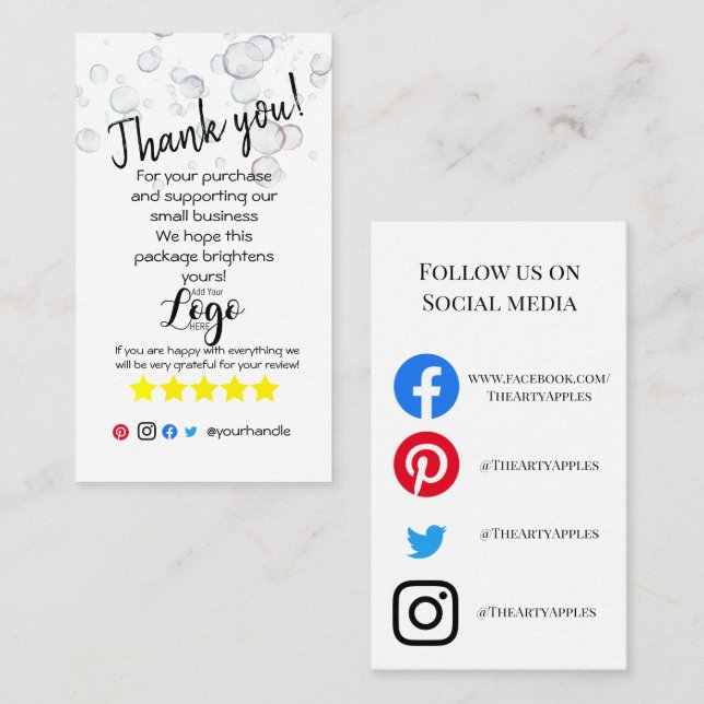 ADD YOUR LOGO thank you order insert card bubbles (Front/Back)