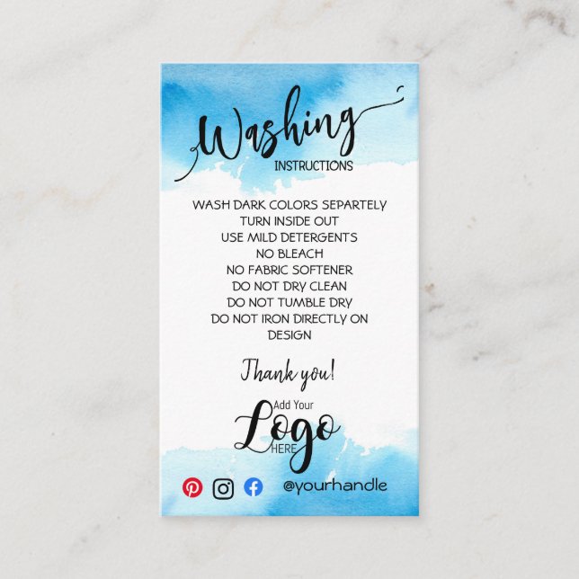 ADD YOUR LOGO washing instructions CARE CARDS (Front)