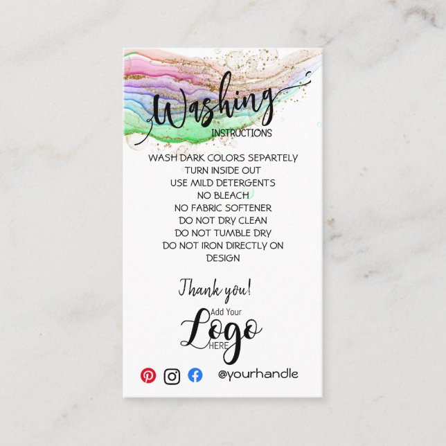 ADD YOUR LOGO washing instructions CARE CARDS (Front)