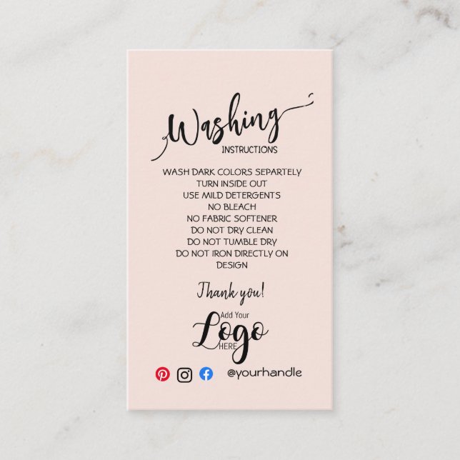 ADD YOUR LOGO washing instructions CARE CARDS (Front)