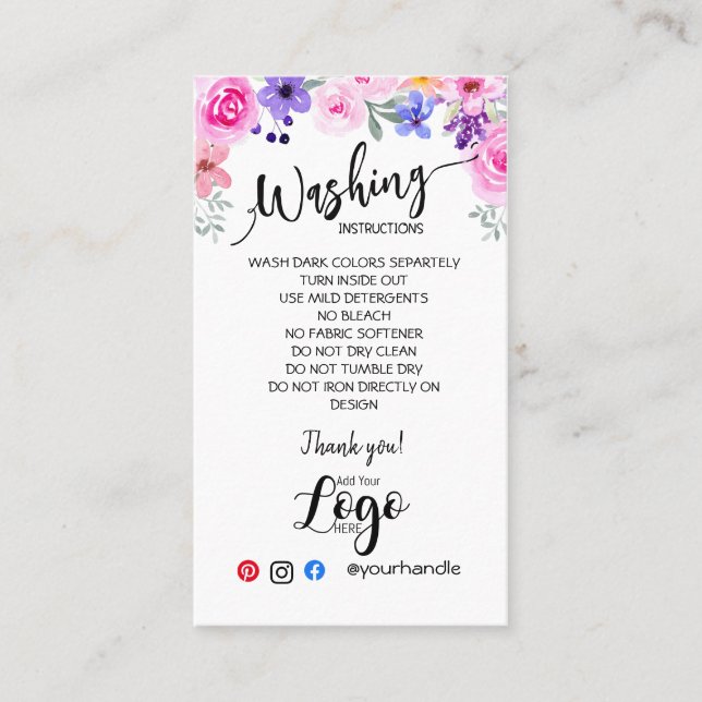 ADD YOUR LOGO washing instructions CARE CARDS (Front)