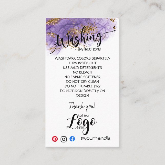 ADD YOUR LOGO washing instructions CARE CARDS (Front)