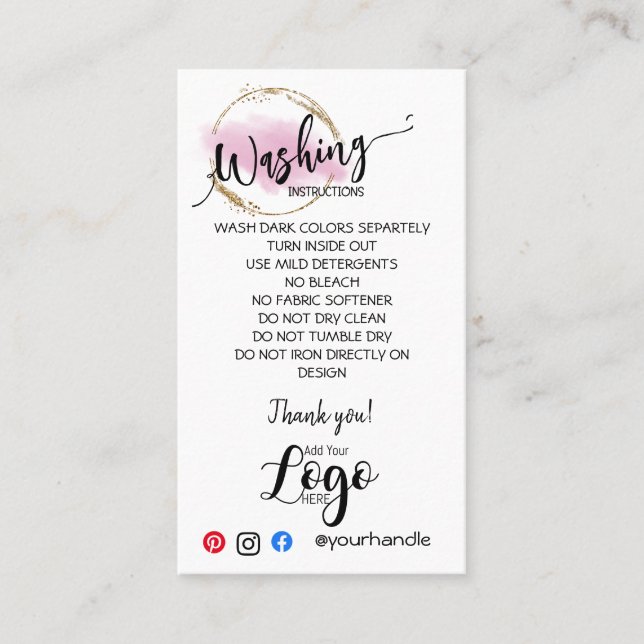 ADD YOUR LOGO washing instructions CARE CARDS (Front)