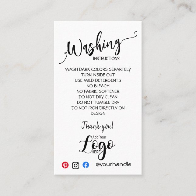ADD YOUR LOGO washing instructions CARE CARDS (Front)