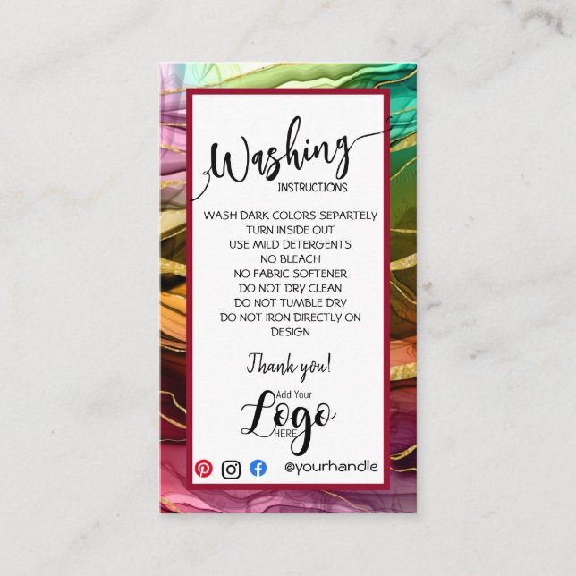 ADD YOUR LOGO washing instructions CARE CARDS (Front)