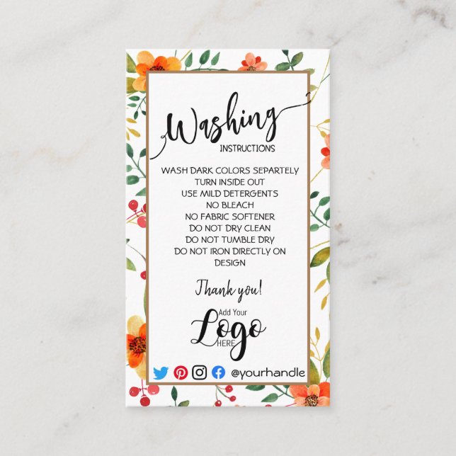 ADD YOUR LOGO washing instructions CARE floral Bus Business Card (Front)