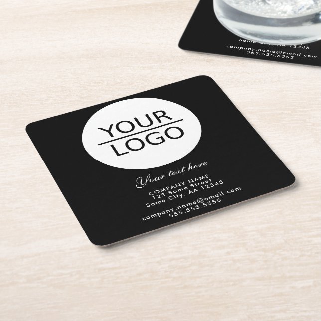 Add your Logo with Custom Text Promotion Black  Square Paper Coaster (Angled)