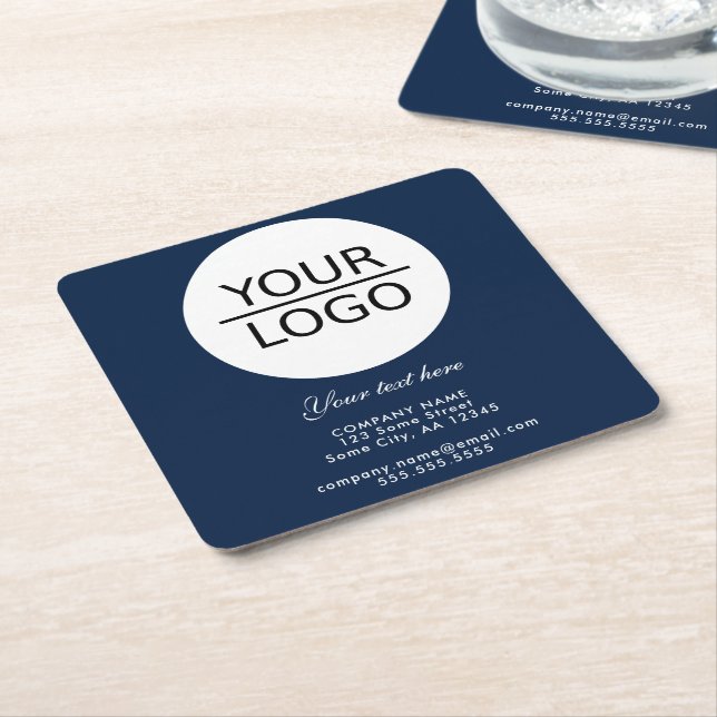 Add your Logo with Custom Text Promotion Navy Blue Square Paper Coaster (Angled)