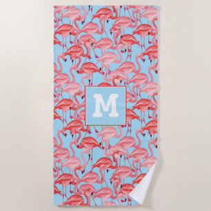 Add Your Monogram Bright Pink Flamingos On Blue Beach Towel