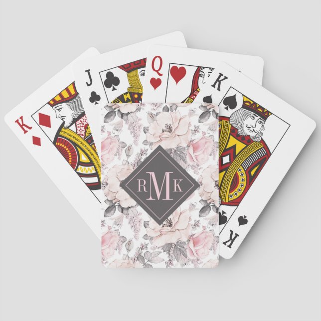 Add Your Monogram | Classic Pink & Gray Pattern Playing Cards (Back)