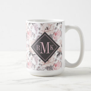 Add Your Monogram   Classic Pink & Grey Pattern Coffee Mug