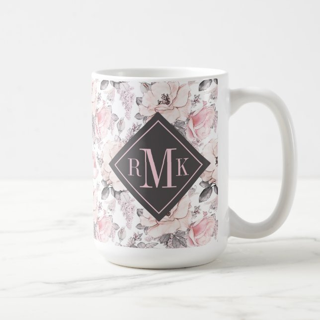 Add Your Monogram | Classic Pink & Grey Pattern Coffee Mug (Right)