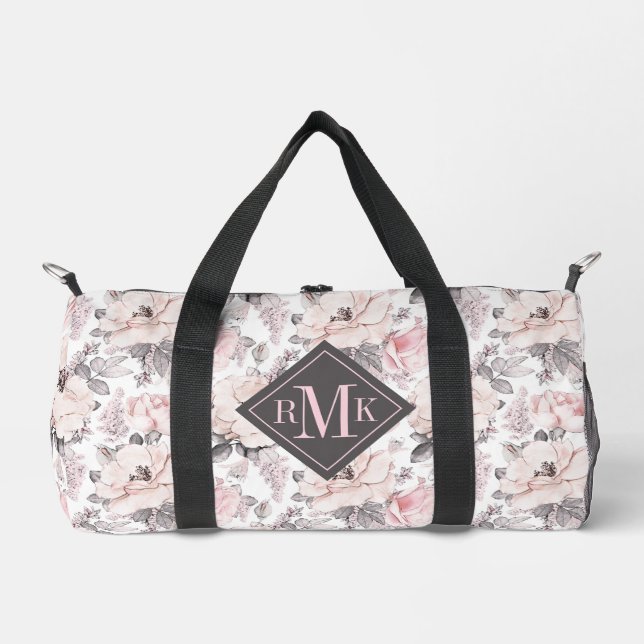 Add Your Monogram | Classic Pink & Grey Pattern Duffle Bag (Front)