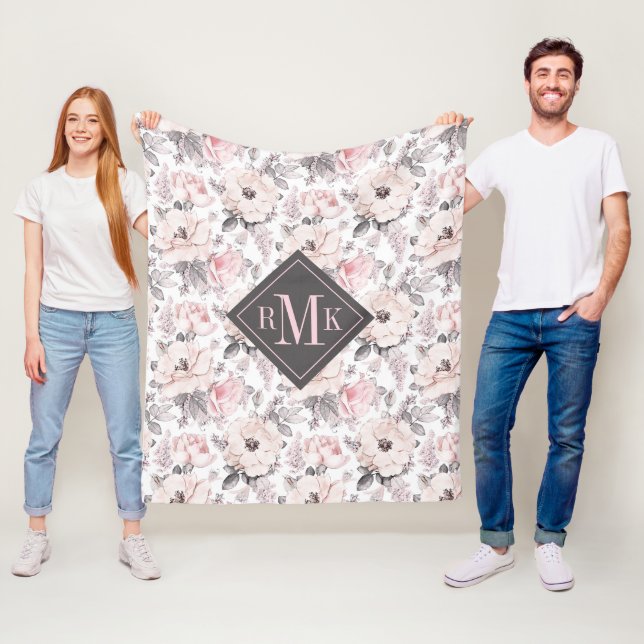 Add Your Monogram | Classic Pink & Grey Pattern Fleece Blanket (In Situ)