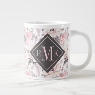 Add Your Monogram   Classic Pink & Grey Pattern Large Coffee Mug