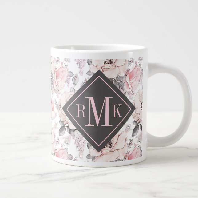 Add Your Monogram | Classic Pink & Grey Pattern Large Coffee Mug (Right)