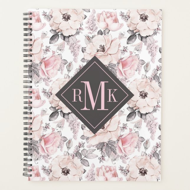 Add Your Monogram | Classic Pink & Grey Pattern Planner (Front)