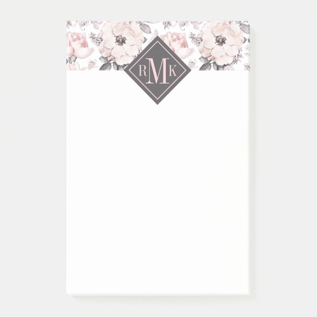 Add Your Monogram | Classic Pink & Grey Pattern Post-it Notes (Front)