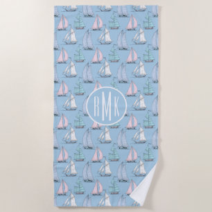 Add Your Monogram Cute Sailboat Pattern Beach Towel
