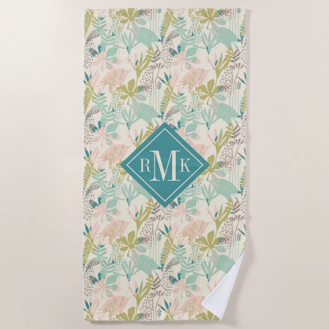 Add Your Monogram | Modern Floral Pattern Beach Towel (Front)
