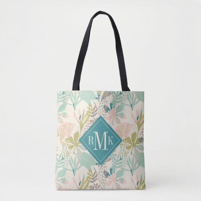 Add Your Monogram | Modern Floral Pattern Tote Bag (Front)