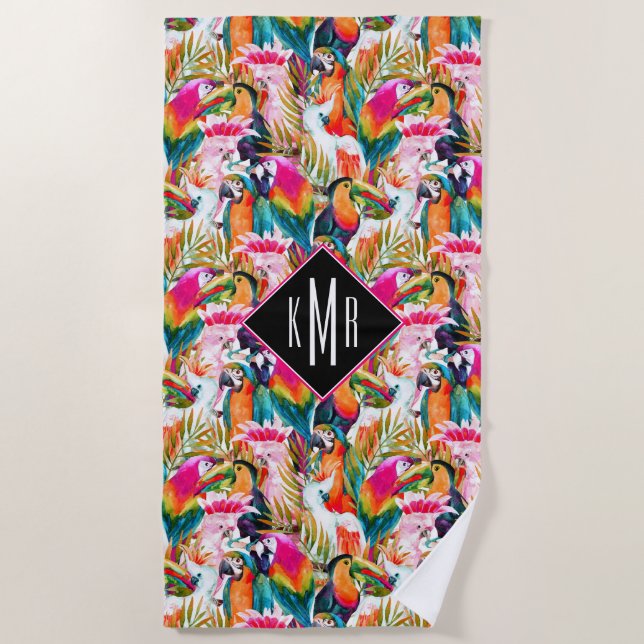 Add Your Monogram | Parrots & Palm Leaves Beach Towel (Front)