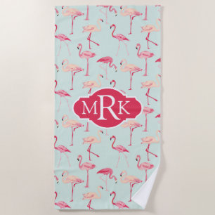 Add Your Monogram   Retro Flamingo Pattern Beach Towel