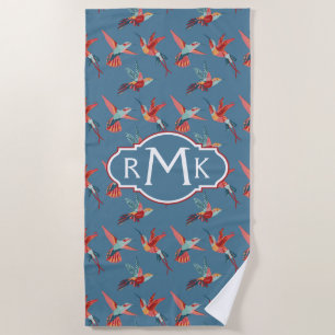 Add Your Monogram   Retro Hummingbird Pattern Beach Towel