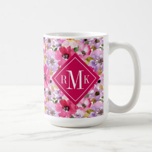 Add Your Monogram   Summer Watercolor Floral Coffee Mug