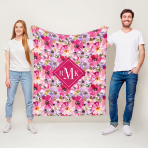 Add Your Monogram Summer Watercolor Floral Fleece Blanket