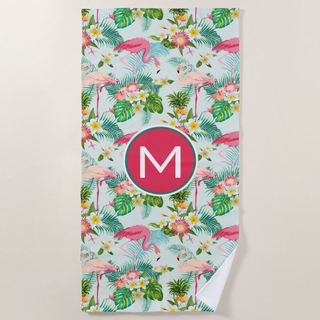 Add Your Monogram | Tropical Flowers And Birds Beach Towel (Front)