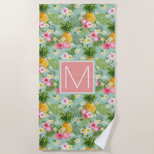 Add Your Monogram   Tropical Flowers & Pineapples Beach Towel