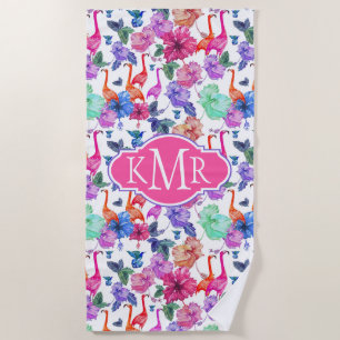 Add Your Monogram   Tropical Watercolor Pattern Beach Towel