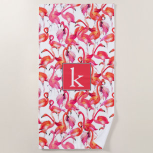 Add Your Monogram   Watercolor Flamingos Beach Towel